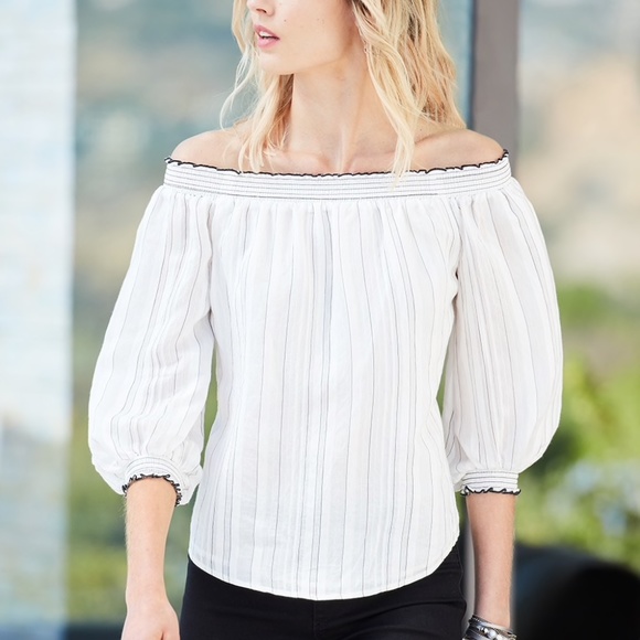 🆕 WHITE with BLACK - NWT [whbm] off the shoulder stripe casual blouse - Picture 1 of 12